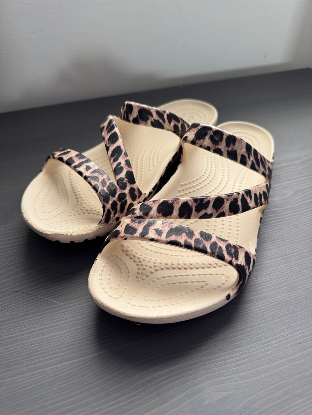 CROCS Leopard Print Cross-Strap Sandals - Beige Footbed